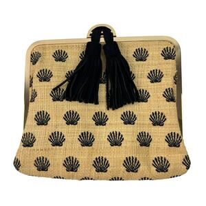 ISTI Clutch Bag Tan Gold Black Raffia Suede SeaShell Tassels Pouch Snap Beach